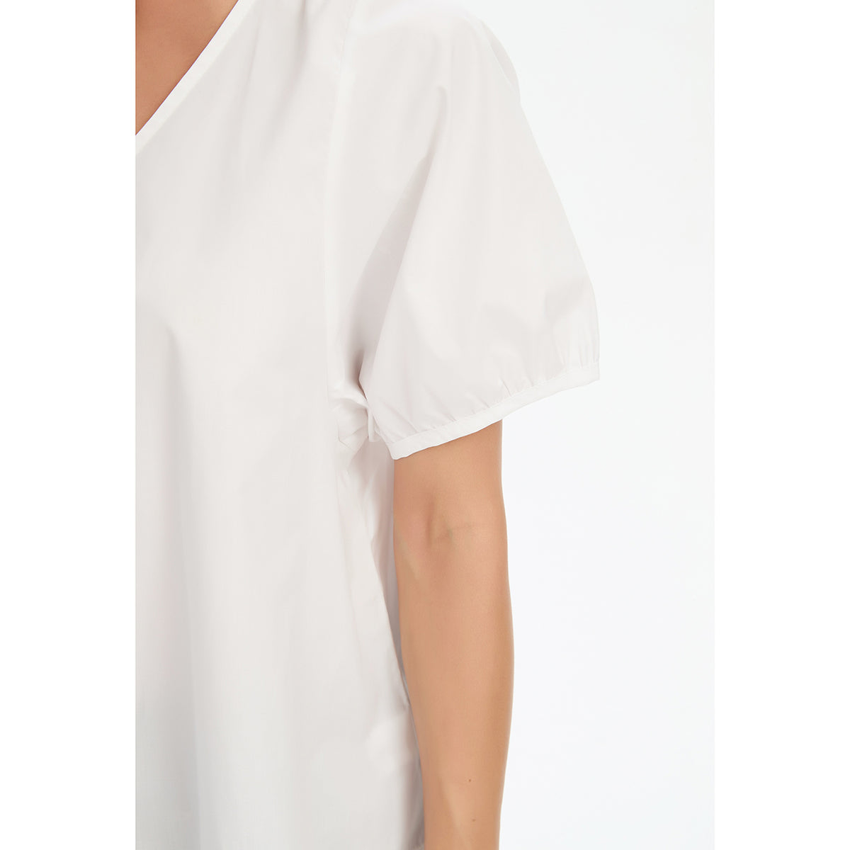 V Neck Bishop Sleeve Poplin Top White