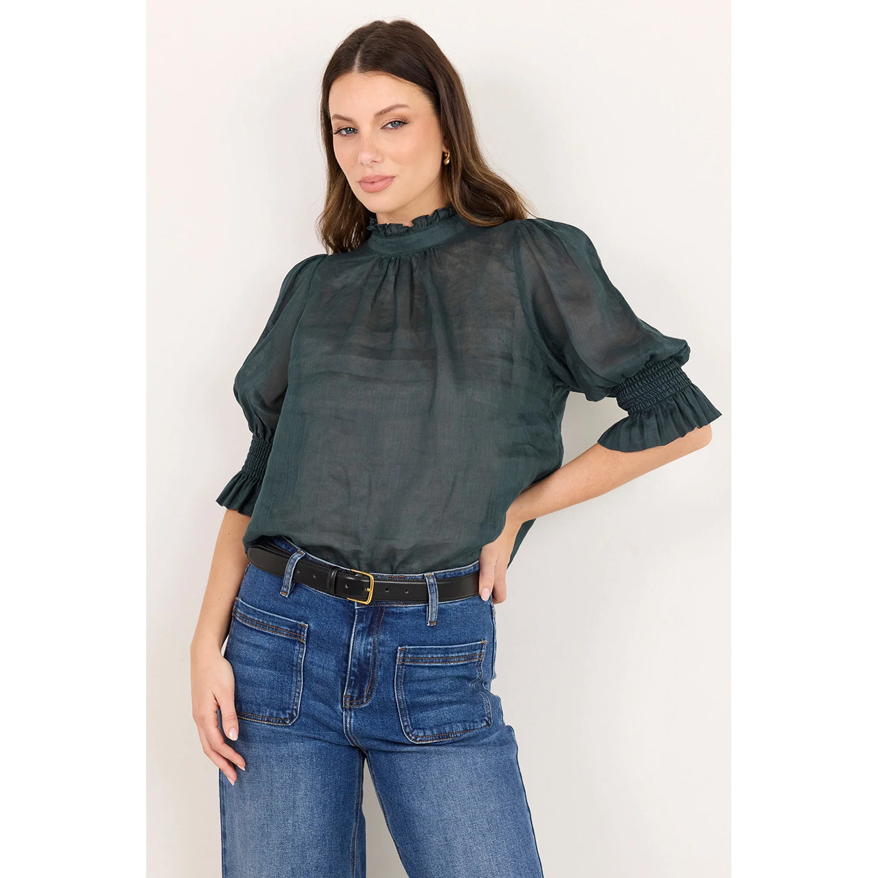 Verse Petrol Sheer High Neck Top