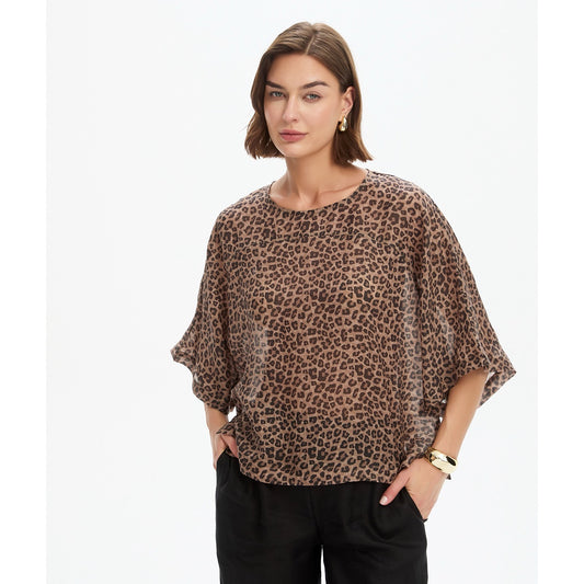Wide Sleeve Sheer Print Top Choc Leopard