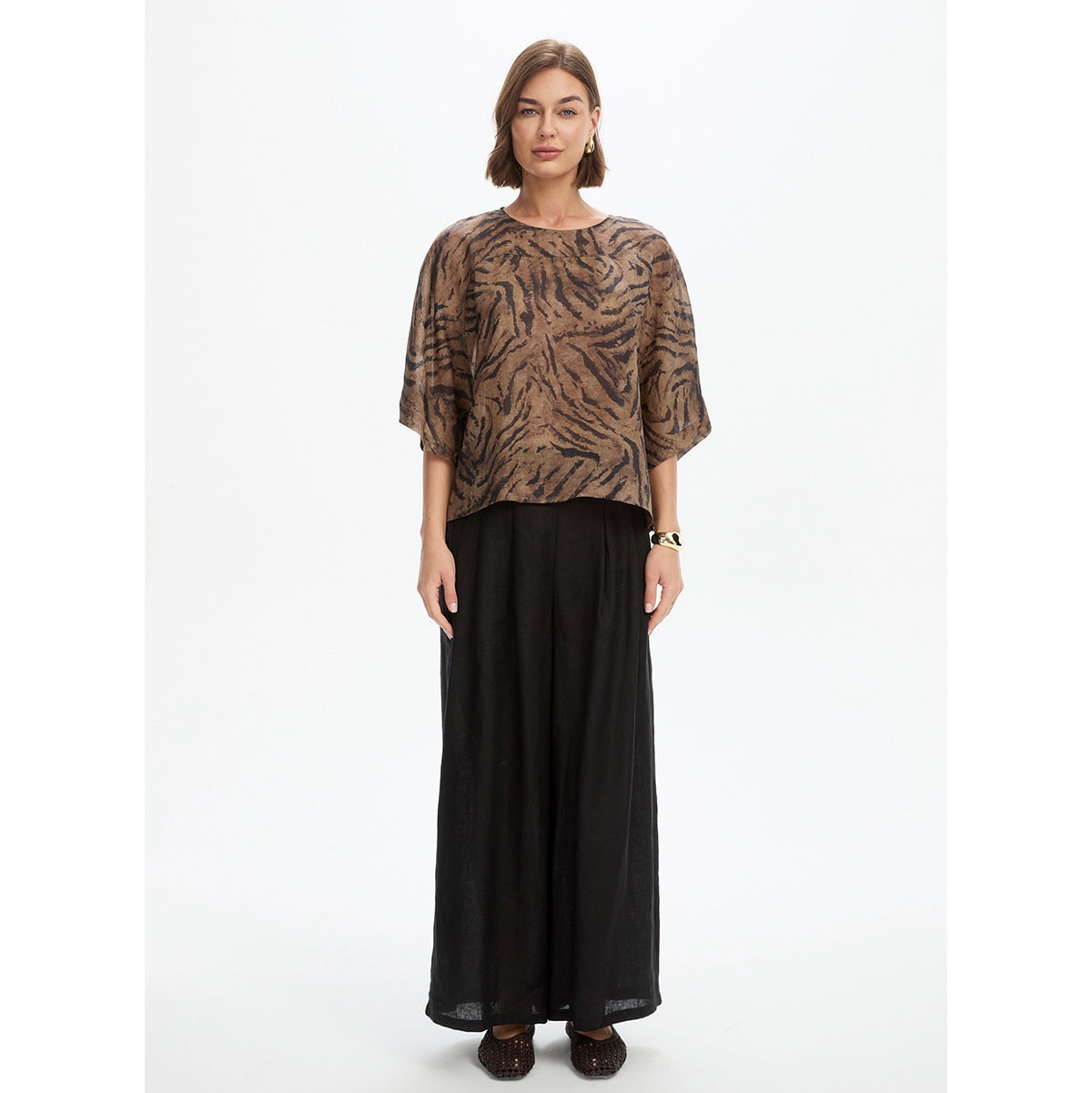 Wide Sleeve Sheer Print Top Choc Tiger