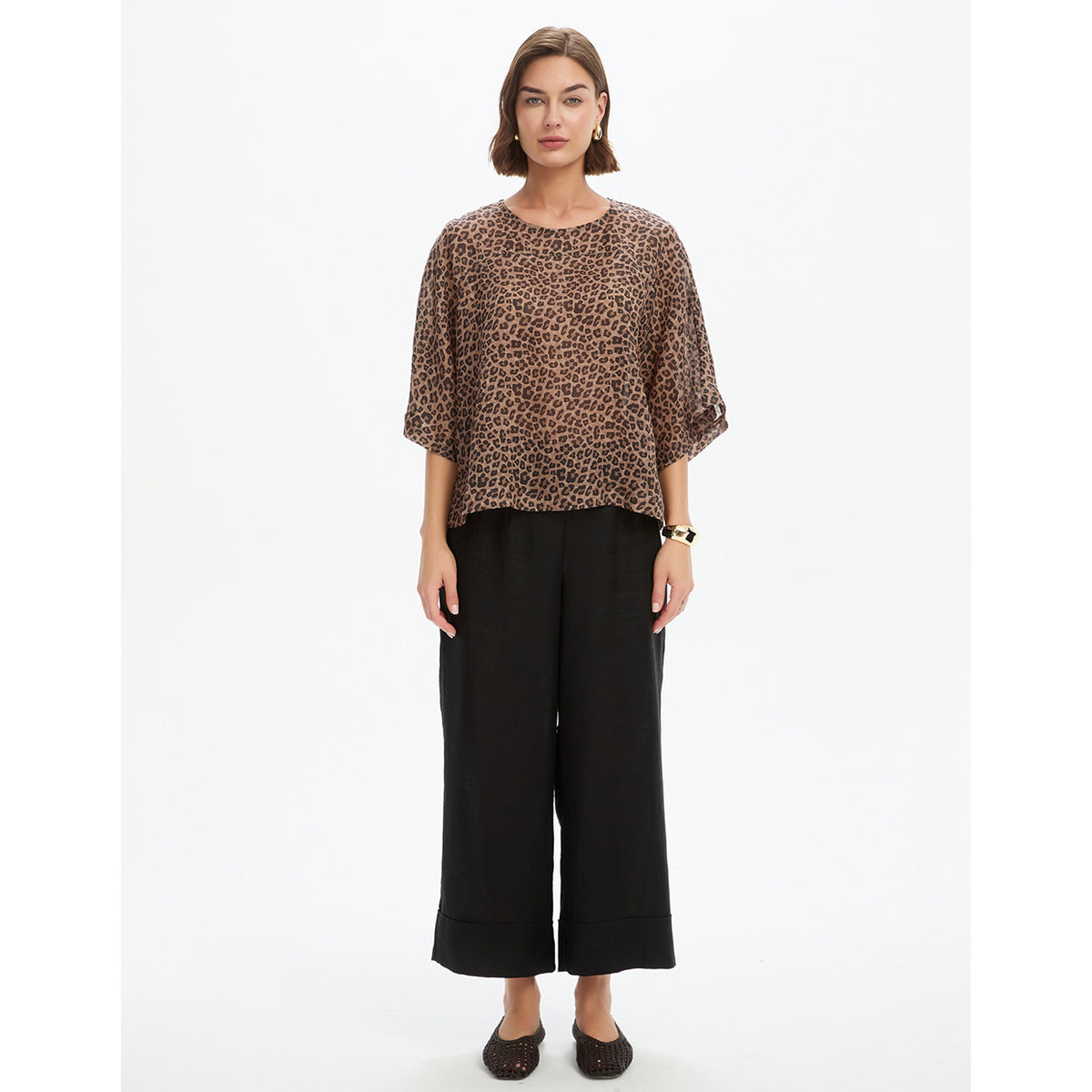 Wide Sleeve Sheer Print Top Choc Leopard
