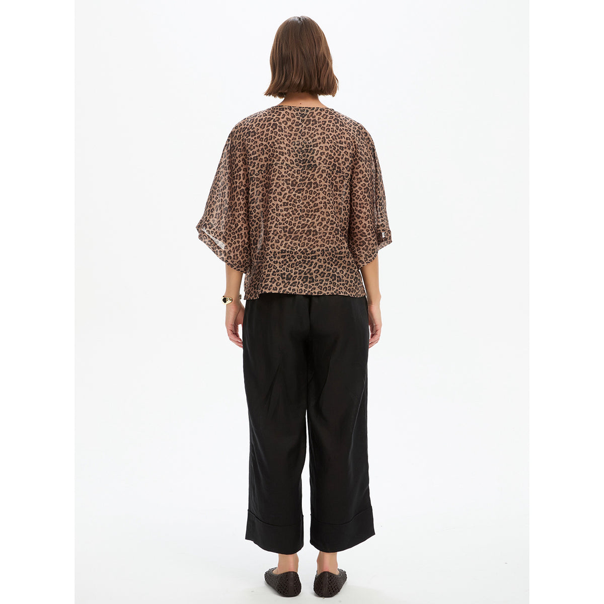 Wide Sleeve Sheer Print Top Choc Leopard