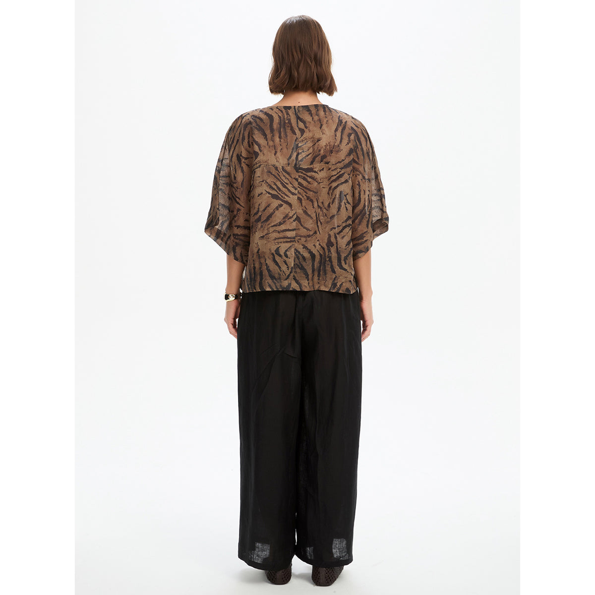 Wide Sleeve Sheer Print Top Choc Tiger
