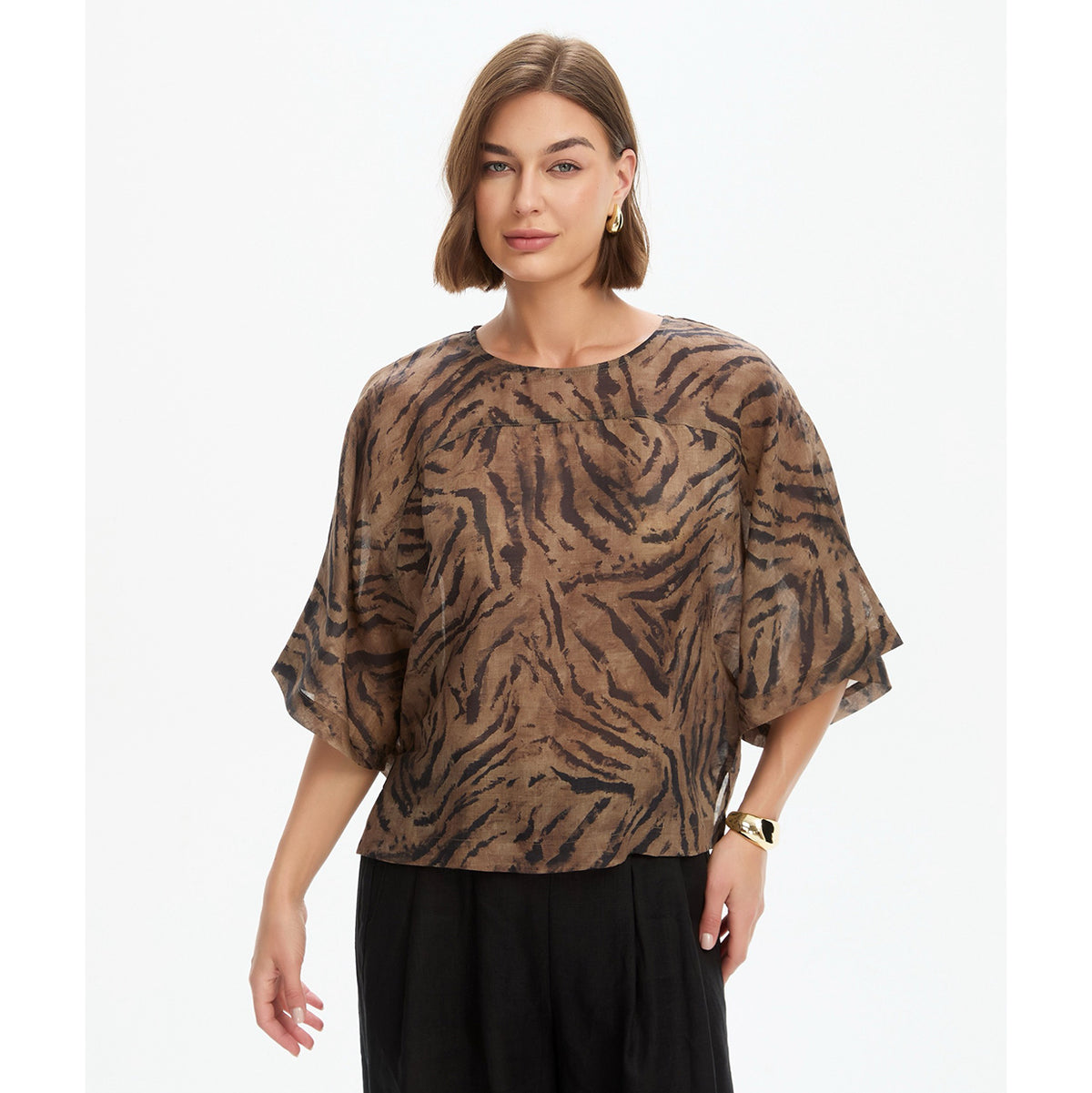 Wide Sleeve Sheer Print Top Choc Tiger