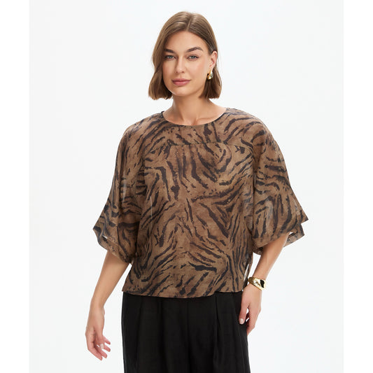 Wide Sleeve Sheer Print Top Choc Tiger