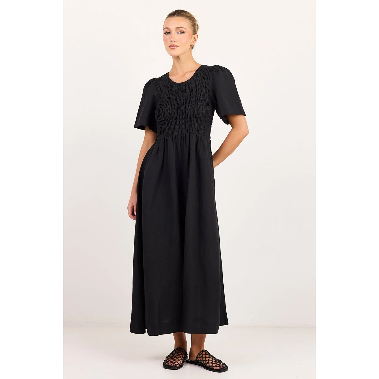 Wren Linen Shirred Bodice Midi Dress