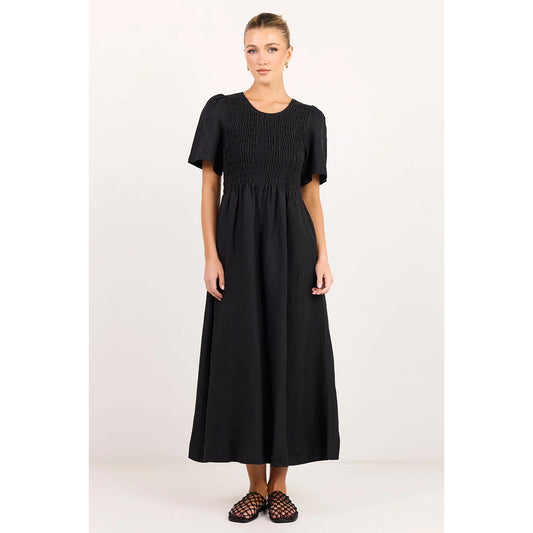 Wren Linen Shirred Bodice Midi Dress