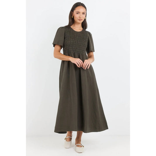 Wren Olive Linen Shirred Bodice Midi Dress