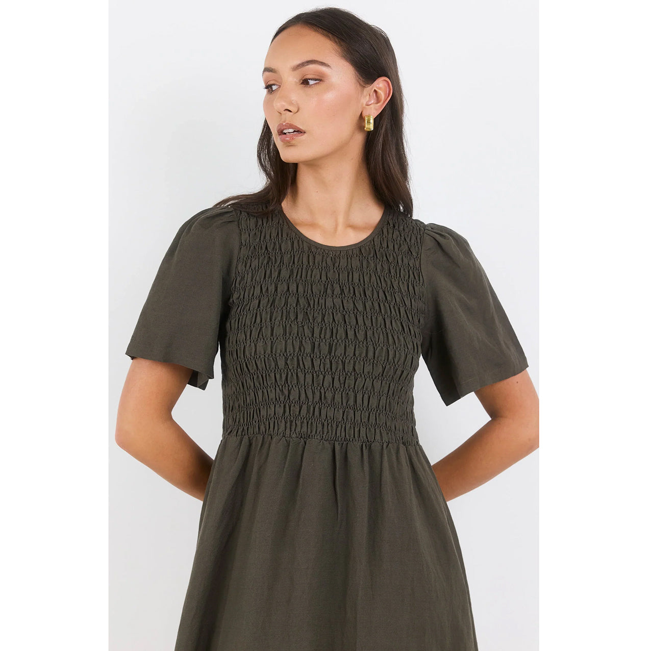 Wren Olive Linen Shirred Bodice Midi Dress