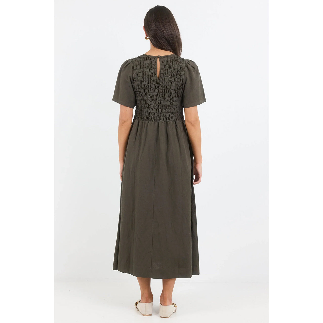 Wren Olive Linen Shirred Bodice Midi Dress