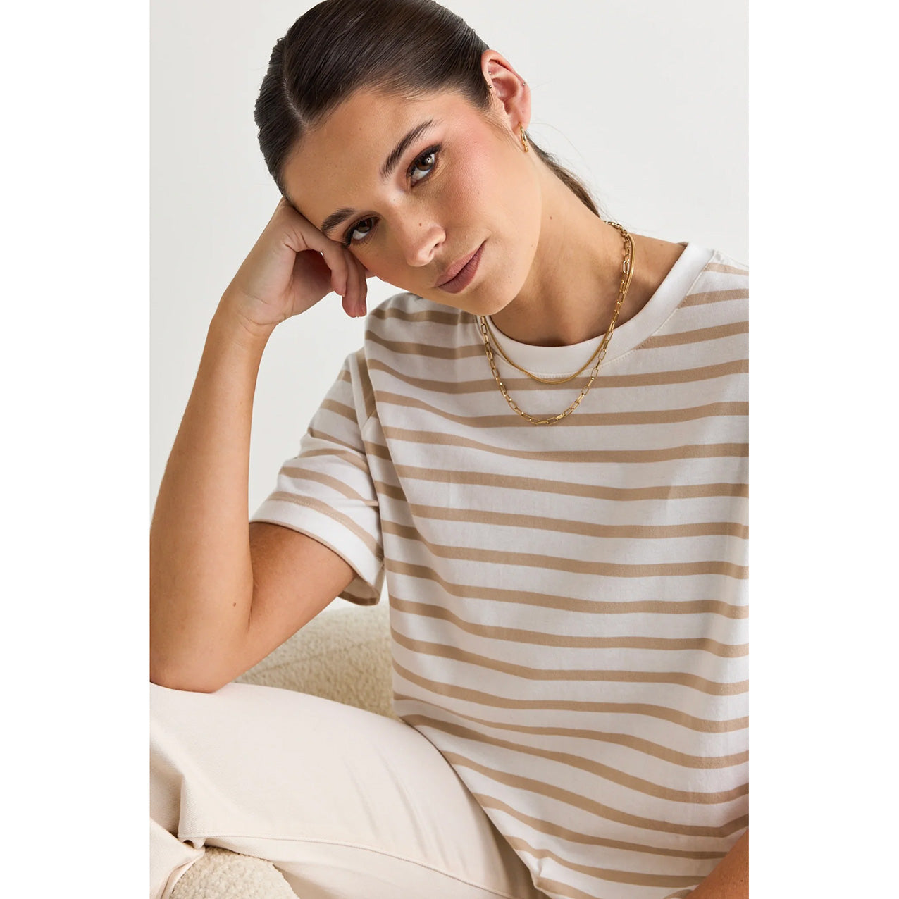 Binding White Natural Stripe Box Tee