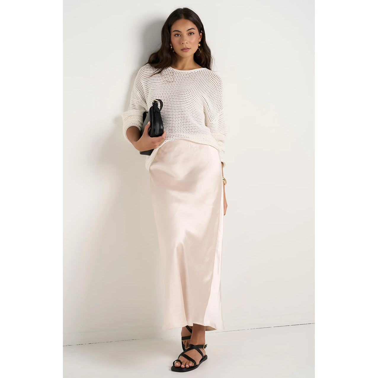 Ivy Champagne Satin Bias Midi Skirt