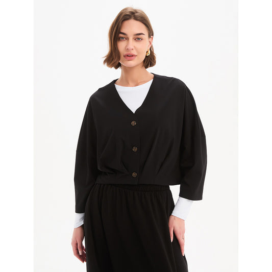 Pleat Hem Crop Cardigan Black