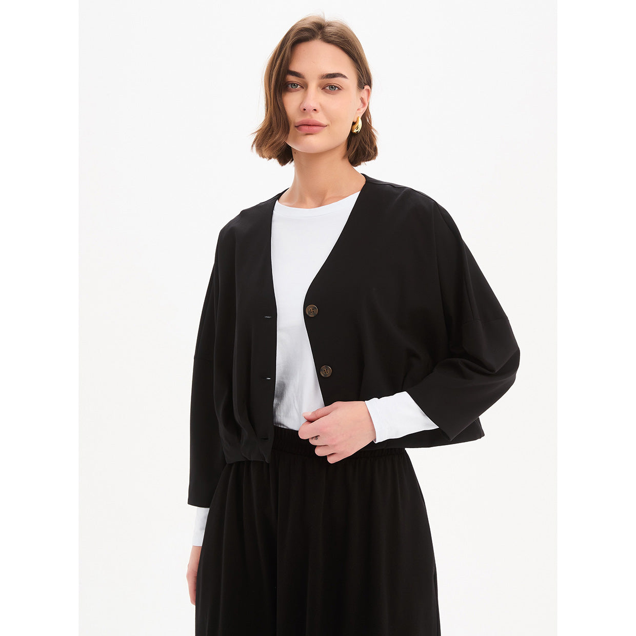 Pleat Hem Crop Cardigan Black