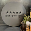 The absolute ultimate gift for a cook's kitchen. A five star establishment.   "Would eat here again" is cut from high grade stainless steel and electro powdercoated with a super durable Dulux UV resistant finish in timeless matt black.    Artwork has 1.2cm deep aluminium hanging blocks attached to the back. This makes the artwork "pop" out from the wall for extra impact.   Size: 40cm dia
