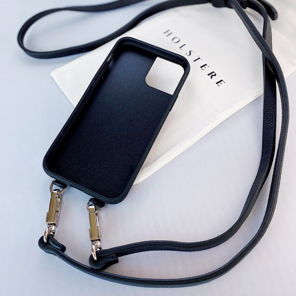 Manhattan Black Leather Phone Case with Strap