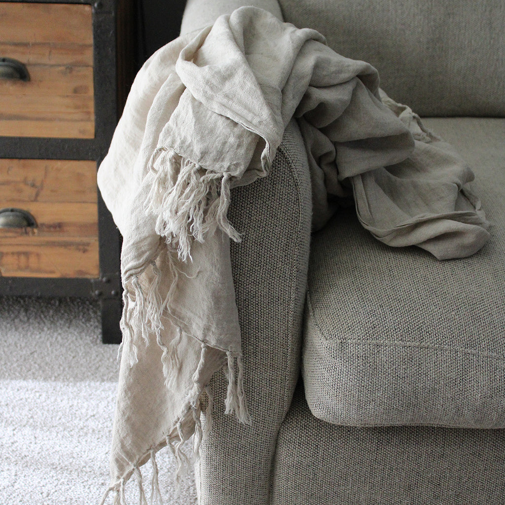 Indira Throw Slow down and embrace the beauty of natural fibres this season with pure linen throws. The Indira range is enzyme washed for a softer handle and sophisticated, gently distressed finish.  130x170cm throw 100% Linen