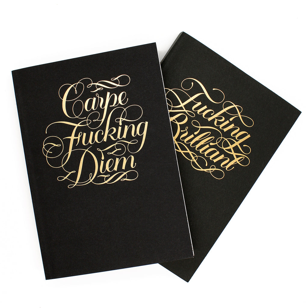 Combining the fine arts of calligraphy and swearing, this journal features the motivational phrases 'Carpe F*cking Diem' or 'F*cking Brilliant' in gold foil on the cover.  Size: 13 W x 18 L cm