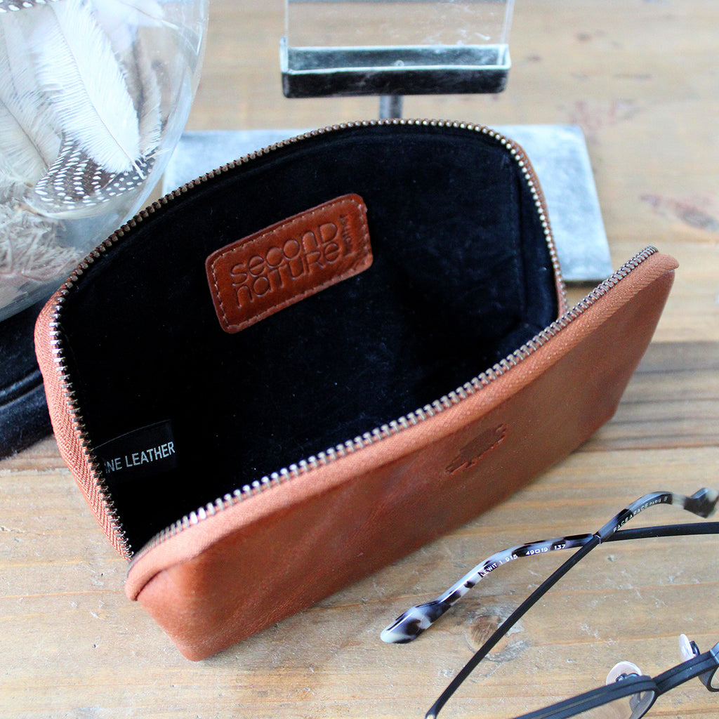 Genuine Leather Zip Closing Glasses Case  Multiple Uses for other items - eg phone Single Compartment  Size: 16 W x 8.5 H with 5.5 base cm