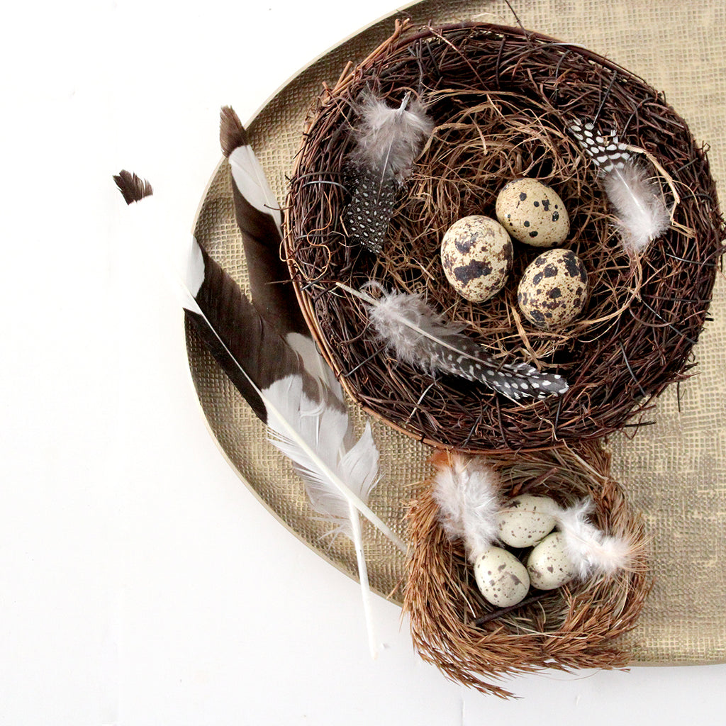 Bring a touch of nature inside with these sweet little handmade birds nests, complete with real feather and eggs. Two sizes available.  Size: Small - D10cm Large - D16cm