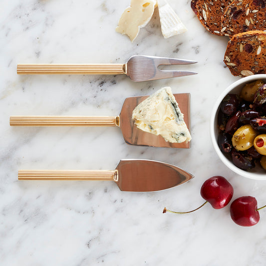 A great gift idea!  This elegant Cheese Knife set with brass coated handles is perfect for presenting platters and hors d'oeuvres.