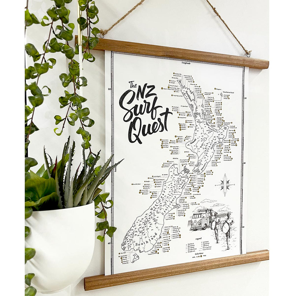 The NZ Surf Quest print maps out over 200 of NZ's best surf spots. The size of each spot depends on its STOKE factor and when you scratch away the foil, a symbol representing the type of break is revealed.  Designed and made in Christchurch, the print is the perfect centre piece to tell the story of every surfer's journey.   A2 unframed print