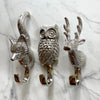Fox Owl Deer silver wall hooks. How cool are these silver animal hooks! Hang as a set or individually, super handy in the kitchen, hallway or kids rooms. Stainless Steel Approx 15cm long