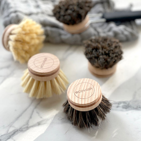 Ecovask replacement brush heads. Imported from Sweden, these brush heads are made from certified beech wood and horse hair mix bristles and tampico bristles.. This replaceable brush head works with our Nature Soft ergonomic dish brushes. To change - simply slide silicon sleeve down handle to release and change brush head as required.  NB: For the first use, we noticed they did shed a few bristle hairs but this stopped after first day of using.